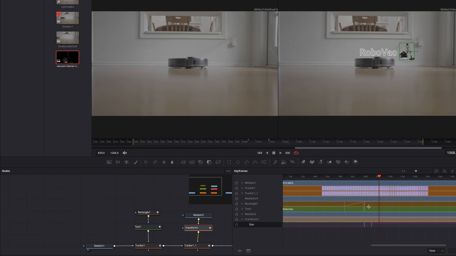 The Fusion page with a node tree, keyframes and a tracked RobuVac title