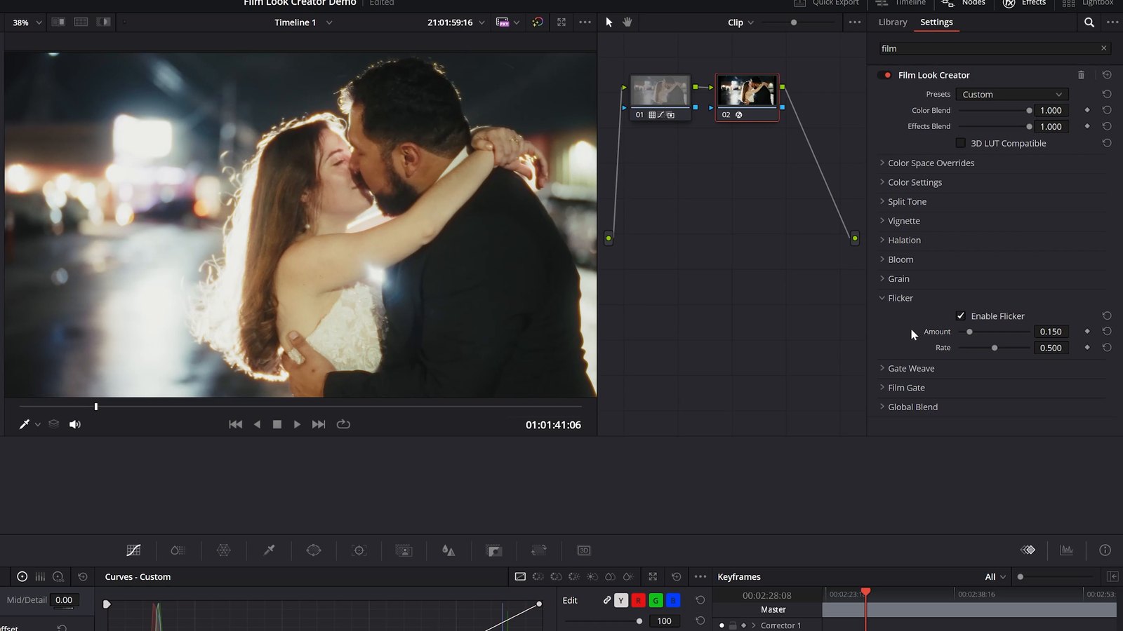A night wedding clip finished with the Film Look Creator on the Color page
