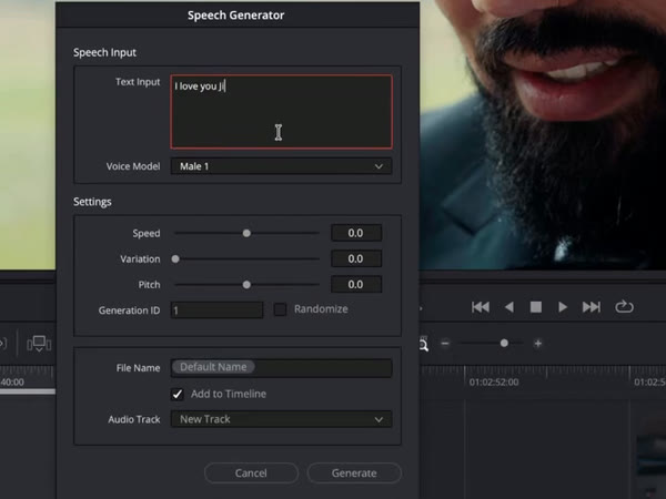 Resolve 21 Speech Generator dialog with typed text
